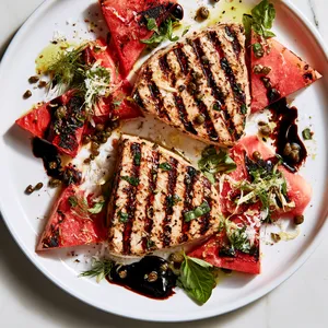 From above, two ivory swordfish steaks sit slightly offset on a wide white platter, striped with dark grill marks and surrounded by ruby watermelon wedges with charred edges. A glossy deep-purple balsamic agrodolce is spooned in painterly streaks, scattered with tiny capers, torn basil, shaved fennel fronds, and a snow of lemon zest. A final glint of olive oil makes the plate look lush, bright, and dramatic.