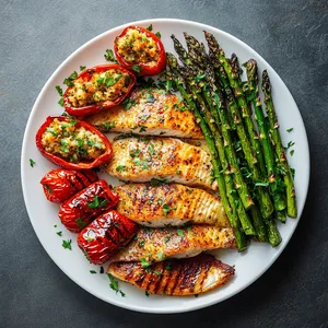 A sectioned flat white plate encircles a canvas of vibrant colors and varied textures. At the bottom right, the grilled tilapia emits a golden allure with char marks. Asparagus tips occupy upper right, their emerald green providing a striking contrast. At the top left, red piquillo peppers stuffed with ivory Manchego cheese pop against the backdrop. Sprinkles of freshly chopped parsley speckle each section, completing the appeal.