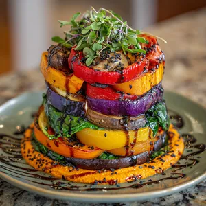 Imagine a beautiful tower of brightly colored roasted vegetables. At its base, a luscious layer of romesco sauce, followed by a stack of roasted butternut squash, red peppers, purple potatoes, exotic mushrooms, and eggplant slices, each layer separated by fresh baby spinach leaves. The tower is topped with a generous sprinkle of black sesame seeds and fresh herbs. It all sits on a plate, garnished with drizzles of balsamic glaze, presenting an irresistible combination of color, texture, and plant-powered flavor.