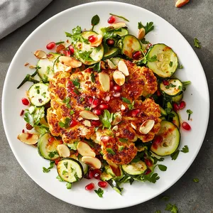 A golden-browned, harissa-topped cauliflower steak creates the centerpiece on a white plate, surrounded by an energetic zucchini salad with pops of red from the juicy pomegranate seeds. The garnish of identifiable roasted almonds add a finishing touch of elegance.