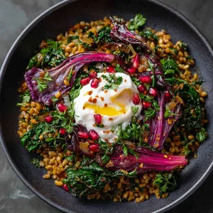 A vibrant tableau of lightly toasted freekeh speckled with verdant herbs and purple onions, crowned by the ruby red of harissa-spiced chard and garnished with a dollop of creamy white citrus yogurt. Lightly sprinkled with pomegranate seeds that lend a sparkling, jewel-like charm to the dish.