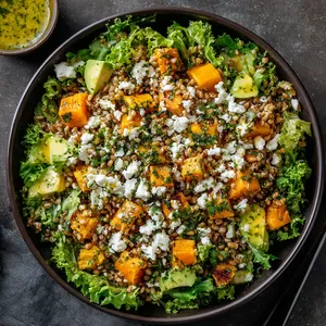 Looking down, you would see a vibrant mix of greens, orange, and white colors. Curly lettuce forms a green bed for rows of bright orange butternut squash, creamy avocado cubes, and nutty brown freekeh grains. Sprinkles of crumbled feta cheese provide white accents, and the dish is finished with a glossy drizzle of tarragon dressing, setting an enticing play of colors.