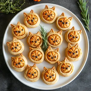 A circular white plate lined with a dozen of these kitty bites filled with tuna and pumpkin, scattered evenly to form the shape of a smiling cat's face. The orange color of the pumpkin peeks through the open ends, contrasting with the dough's golden brown hue. A garnished sprig of catnip crowns the display to give a fresh touch.