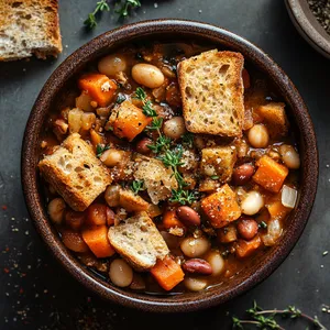 A rustic dish served in an earthy, ceramic deep dish; a vibrant palette of golden-browned bread topping the simmering kaleidoscope of carrot orange, pearl onion white, and kidney bean red; garnished with a sprinkle of fresh thyme leaves.