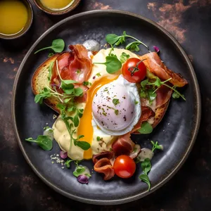 A slice of crispy prosciutto on a bed of arugula, topped with a halved heirloom tomato and burrata cheese, finished with a poached egg and herb hollandaise sauce