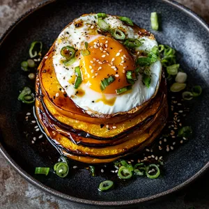 Layers of gorgeously caramelized squash rounds make the base, stacked high and glistening with shiny dark brown hoisin glaze. A perfectly poached egg tops the stack, its silky white exterior hiding a vibrant golden center ready to ooze out at the first cut. For garnish, a sprinkle of green scallions and a drizzle of light sesame seeds add a pop of color and crackle to the dish.