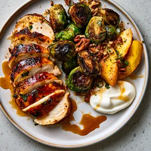 From above, sliced glazed chicken fans across one side of a wide plate beside deeply charred Brussels sprouts and golden peach wedges, scattered with herbs and toasted pecans, with glossy amber drizzles and creamy white dollops creating vivid contrast.