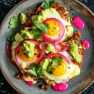 A symphony of colors with yellow egg yolks flowing over the deep red of ranchero sauce and cream hue of hollandaise sauce, contrasted with the pink pickled onions and crunchy, golden brown onion hash. The plate is garnished with a green swirl of avocado cream and fresh cilantro leaves.