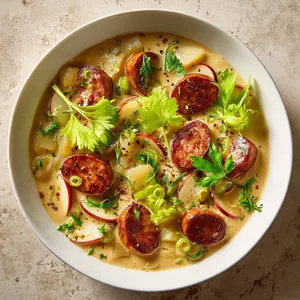 A generous white bowl filled with gleaming, hearty stew. The vibrant green celery leaves, caramelized Bratwurst slices, and red-spunged apple chunks create an exciting color contrast on creamy, beige stew background.