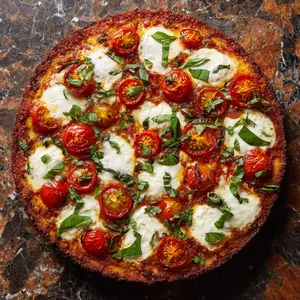 A round crispy thin-crust pizza with a glorious spread of reds from San Marzano sauce, whites from fresh mozzarella, and greens from basil, topped by concentric circles of cherry tomatoes. Patches of golden melted cheese add a hint of color. The edges have a toasted, brown rim.