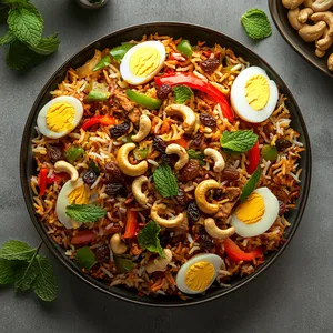 An array of vibrant shades: tawny rice studded with golden raisins, vivid red and green bell pepper strips, deep brown caramelized onion bits, and ivory cashews. The dish is further adorned with fresh mint leaves and highlighted by slices of hard-boiled egg around the rim.