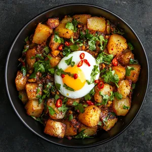 The dish showcases golden-brown potatoes and caramelized onions, littered with flakes of richly spiced mackerel. A vibrant blend of green coriander and red chili peppers on top, a soft-boiled egg nestles in the middle, its golden yolk poised to burst.