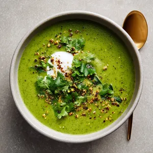 A vibrant, green and creamy soup in a matte white bowl, garnished with a small dollop of cream, freshly chopped coriander, and a light dusting of toasted cumin and coriander seeds. A brass spoon rests on the side of the bowl.