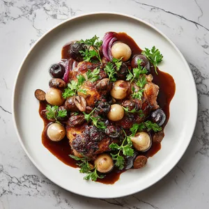 A polished white plate serves as the canvas, where chunks of bronzed, crisped chicken peek out from a lustrous wine-induced rouge sauce. An assortment of pearl onions, succulent mushrooms, and specks of fresh parsley artistically scattered provides a beautiful contrast.