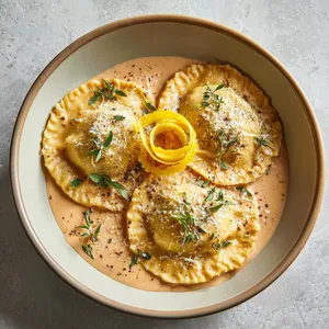 Four large, round raviolis sit on a bed of creamy, blush-colored sauce. The ravioli seem to glow with their golden-brown cooked edges. A dusting of grated parmesan and a sprinkle of fresh herbs provide a contrasting color. There's a single curled lemon zest garnish sitting on top, releasing a fresh aroma and giving a vibrant pop of color.