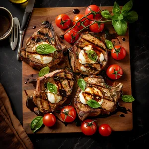Grilled pork chops with a golden crust, topped with vibrant slices of tomato and mozzarella, drizzled with balsamic glaze.