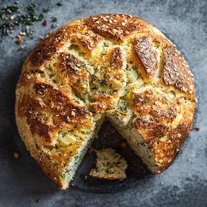 A golden brown, round loaf with a crackly crust and delicate flake. It's studded with vibrant flecks of green from the herbs, and slices reveal a fluffy inner crumb with pieces of caramelized celeriac.