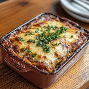 A rectangular ceramic dish filled with perfectly browned and bubbly, cheesy lasagna. The beautiful deep red of the tomato sauce is visible through the layers, contrasting against the golden brown of the cheese and the pale off-white pasta layers. The dish is garnished with a sprinkling of fresh chopped basil and a rich drizzle of olive oil.