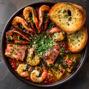 Looking from above, you'll see brilliantly colored plump seafood artfully arranged on a canvas of vibrant tomato fondue. Emerald chives sprinkled atop add a vivid contrast, along with a sprinkle of freshly grated parmesan. Finished with a ring of crusty garlic bread, it's a feast for the eyes.