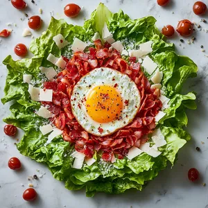 A vibrant arrangement of emerald-green lettuce leaves studded with golden crispy pancetta and perfectly baked egg nestled in the middle. Shavings of Parmesan cheese sprinkled over the top add a snow-white contrast, while the dressing lends a glossy sheen to the dish.