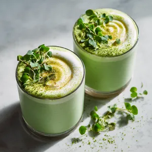 From above, two chilled clear glasses glow in soft jade-green tones, topped with a neat swirl of soy yogurt, a dusting of matcha, finely sliced shiso, and a few glossy pea shoots for a clean, modern, photo-ready finish.