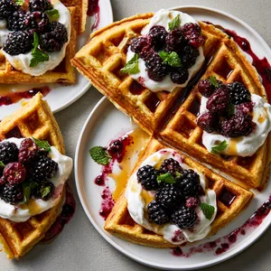 From above, four golden quartered waffles are fanned across white plates, topped with swoops of whipped ricotta, glossy deep-purple blackberries, tiny mint leaves, and a lacquered maple drizzle, with blackberry juices streaking artistically around the edges.