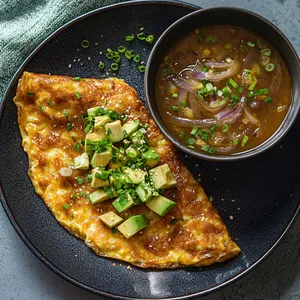 A beautifully plated symphony of shades of brown and green. The delicate, fluffy Japanese omelette is tenderly folded over a mixture of golden caramelized onion and vibrant avocado cubes. Sprinkles of finely chopped spring onions on the side of the omelette offer a burst of fresh green. Beside it, a bowl of deep-brown roasted onion miso soup showcases slices of roasted onion swirling around, adorned with a sprig of parsley.
