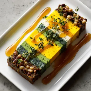 From above, this rectangular terrine appears as a proud flag-like tri stripe alignment of yellow, green, and cream layers. The vibrant yellow of the cornbread sits at the top, followed by the rich green of collard greens, and the hearty cream-and-brown mix of black-eyed peas at the bottom. Drizzles of hot honey and sprigs of thyme deliver the final touch.
