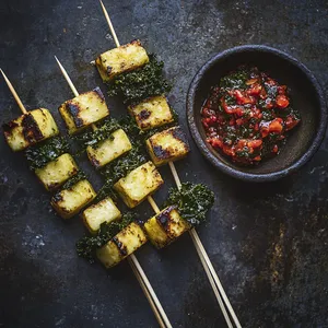 Four skewers, laid diagonally, bear cubes of golden Queijo Coalho cheese, each encrusted with a thin coat of crispy kale. The color palette moves between shades of gold, green, and a pop of vibrant red – the chunks of Biquinho pepper relish that sit elegantly on the side.