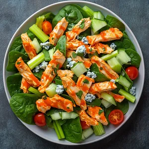 A vibrant palette of deep green spinach leaves scattered with radiant red strips of Buffalo-sautéed chicken, speckles of white from crumbled blue cheese, hints of the celery's dewy green, and a playful scatter of cherry tomatoes gives this dish an invigorating, colorful allure.