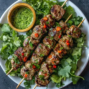 Richly seasoned golden-brown beef skewers delicately charred around the edges are arranged on a lush bed of greens. Garnished with vibrant sprinkles of red chili, fresh cilantro, and a squeeze of lime, the dish promises an enticing blend of flavors and textures. A small faux-wood bowl with a creamy, pale green dipping sauce sits invitingly at the edge of the white minimalist plate.