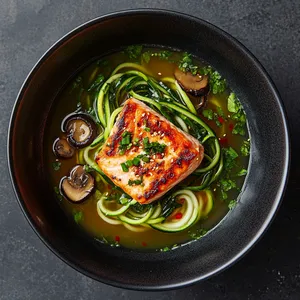 The clear, aromatic broth practically sparkles within the depth of a matte black bowl. Fine strands of green zucchini noodles snake through the soup, punctuated by thin slices of dark brown, meaty Shiitake mushrooms. A generous chunk of perfectly grilled salmon floats elegantly, its pink flesh artfully charred. A smattering of chili flakes and vibrant green spring onion pellets sprinkle the surface, imbuing the dish with enticing pops of color.