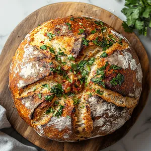 A beautifully crusty, rustic round bread, bursting with crimson specks of kimchi and flecks of bright green cilantro peeking out. It sits atop a wooden board, its golden crust dusted with flour, presenting a comforting ambience and an irresistible invitation to break bread.