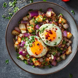 An eye-catching presentation of vibrant purple and crisp white slices of kohlrabi form the base of the hash, interwoven with green chopped fresh herbs and pops of color from diced red bell pepper and golden fried onion. The fried eggs sit invitingly atop the hash, yolks still glistening and ready to break open. A drizzle of deep red chile oil cuts through the purple and white, adding a tantalizing hint of the heat awaiting the taste buds.