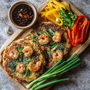 An Instagram-worthy, color-pop feast with two golden-brown circular pancakes taking center stage. There are juicy pink shrimps peeking out from sections, the pancakes are topped with a sprinkle of sesame seeds and are surrounded by fresh, bright green scallions and colorful julienned bell peppers. Add to it a side of tamari and chili-garlic dip for a dash of dark, glossy allure.