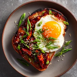 The plated dish offers a tantalizing view from above. An attractively charred slice of sourdough bread provides a rustic and warm background for the glossy oyster mushrooms cooked in crimson gochujang glaze, flecks of vibrant green scallions and white sesame seeds add visual contrast. Accompanying the toast, the sunny-side-up egg's yolk shines bright like a golden sun.