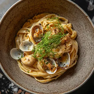 A mound of al dente fettuccine tossed with caramelized fennel and garlic, dotted with plump clams bathed in a rich, buttery lemon sauce. The dish pops with green fennel fronds and cracked black pepper, all in an earthenware dish.