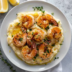Golden-brown grilled shrimp sit atop a bed of creamy, pale-yellow grits, speckled with vibrant chopped scallions. A delicate drizzle of lemon-garlic butter gives the dish a glistening, appetizing finish. The plate is garnished with lemon wedges and sprigs of fresh thyme, brightening the minimalist white plate it's served on.