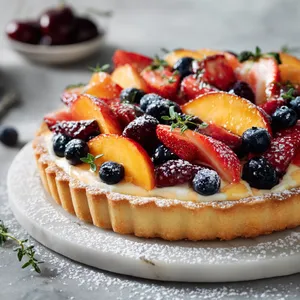 A round biscuit tart filled with luscious cream peeking through vibrant slices of juicy strawberries, plump blueberries and sparkling slices of peeled peaches. Fresh lemon thyme sprigs are scattered whimsically across the top, and the tart sits served on a chic, light marble platter, with a dusting of powdered sugar adding an extra touch of elegance and texture.