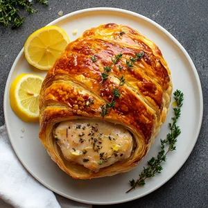 A perfectly baked golden brown puff pastry sits with beautiful imperfections, a testament to it being handmade. Peeking from underneath is succulent chicken, glistening with the zesty lemon thyme sauce. The plate is accessorized with a few sprigs of fresh thyme and a slice of lemon, adding fresh pops of color.