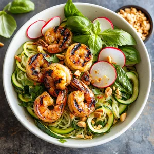 The lime-green zucchini spirals are entwined with glistening vermicelli, topped with golden grilled shrimp. Bright pops of basil leaves, chilies, and thinly sliced radishes create a lively palette, while a sprinkle of crushed peanuts adds a toasted finish. A side of tangy fish sauce dressing deepens the color contrast.