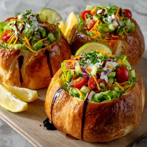 A large, shiny golden bread loaf acting as a vessel for vibrant lettuce boats. These boats are filled to overflowing with a confetti of colorful cherry tomatoes, bell peppers, and cucumber, all sprinkled generously with shredded cheddar. Crema swirls, fresh herbs, lemon wedges, and a drizzle of balsamic reduction bring the visual pop.