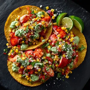 A vibrant dish with warm golden tortillas cradling a mix of bright red lobster pieces, punctuated by a fiesta of multi-colored corn salsa and topped generously with a lusciously cool green avocado crema. Finished with a sprinkling of fresh cilantro, it captures the essence of a summer fiesta.