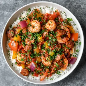 A colorful medley of bell peppers, tomatoes, white rice, and succulent pieces of Andouille sausage and shrimps studded throughout. There's a hit of green from finely chopped parsley sprinkled over. With hints of pink, green and purple on top to encapsulate the spirit of Mardi Gras.