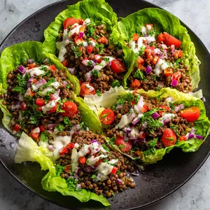 Platter of large, vibrant whole lettuce cups filled with perfectly browned, chunky minced lamb atop a bed of green lentils. The lamb glistens with oil and Middle Eastern spices. Chopped tomatoes, red onions, and parsley speckle the dish, adding a burst of colors. A dollop of creamy tahini drizzle on top finishes off the dish.