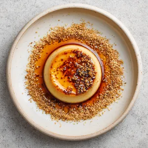 Glistening golden caramel sauce perfectly outlining a creamy, custard disc that sits at the center of an off-white ceramic plate. Hints of beige from Matsutake mushroom flecks are visible in the custard. A dusting of finely crushed, toasted sesame seeds surrounds the creme on the plate.