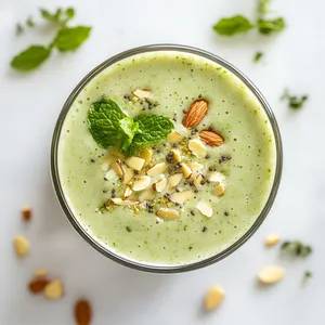 The smoothie has a beautiful mix of light fresh green and white tones, garnished with sprigs of mint and finely chopped almonds. Its color palette makes it pop on a classic white backdrop, capturing the essence of freshness in a photo.
