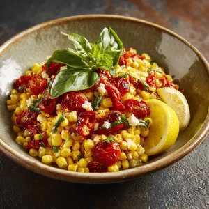 This dish is a vibrant exhibition of colors: the bright yellow of corn kernels punctuated by the rich red hues of roasted cherry tomatoes, adorned with specks of green basil leaves. The bowl is garnished with slivers of a lemon wedge and a sprig of fresh basil, resting on a rustic tabletop.