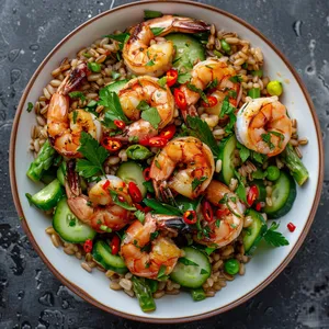 A riotous splash of colors greets the eye, starting with pink tiger shrimp strewn on a bed of glossy, nutty farro grains dotted with flecks of green herbs. Bright pops of red chili, vibrant blanched asparagus and cucumber slivers add depth and texture.