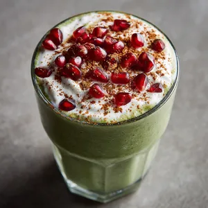 A deep, light-green colored velvety smoothie serving in a clear glass, topped with a generous dollop of white Greek yogurt. Glistening pomegranate arils scattered on top add vibrant pops of red, while a light dash of cinnamon adds a warm brown hue and an enticing look.